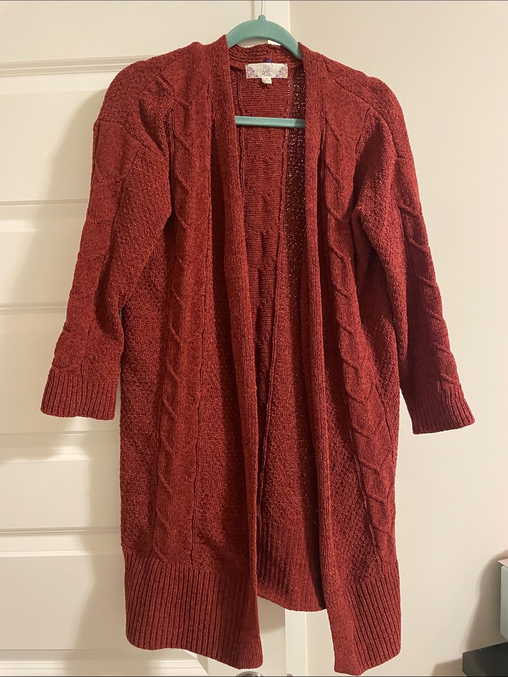 Pink Rose Open-Front Cable Knit Cardigan in Rust Red